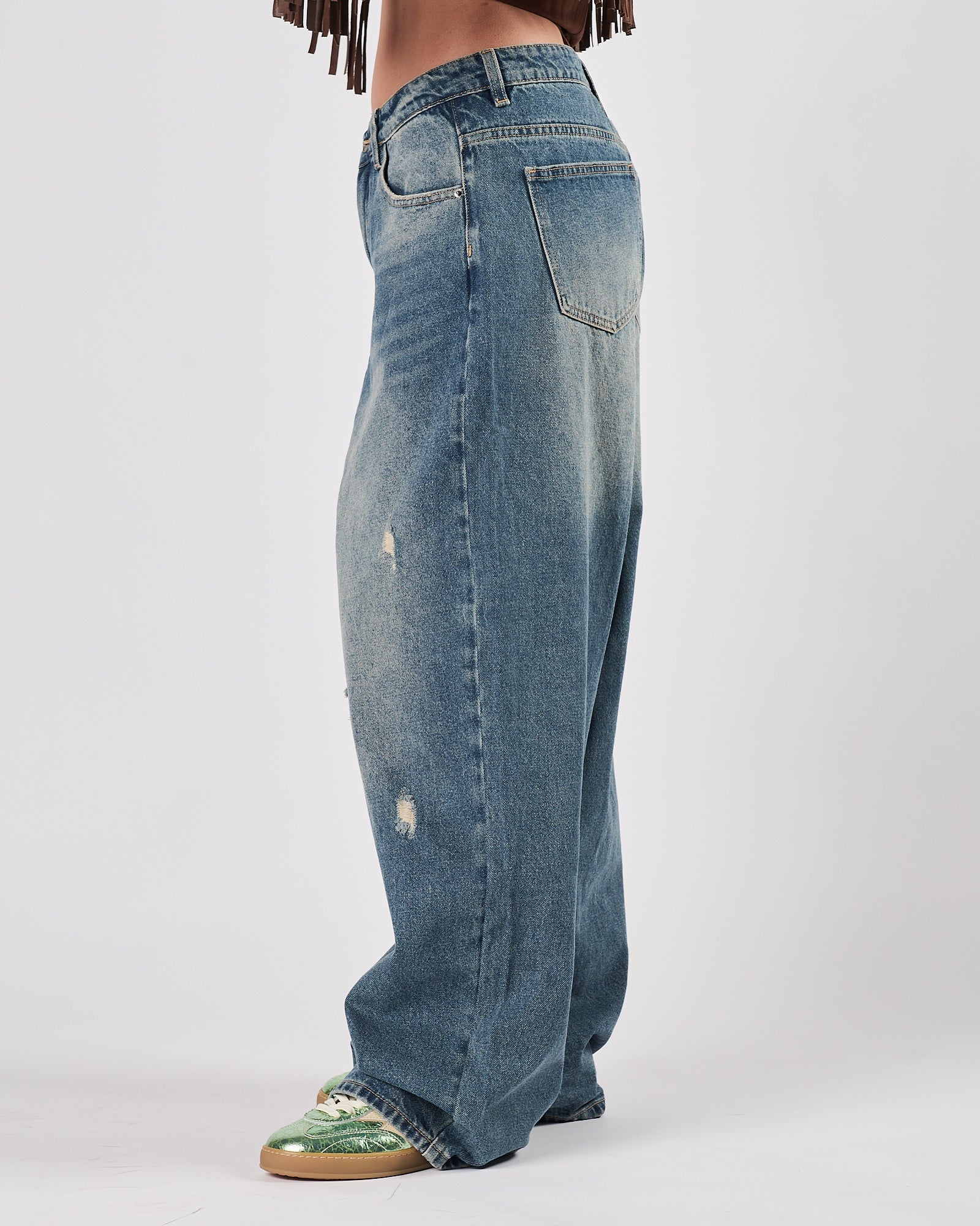 Jeans Eleh largo blu lavato con rotture