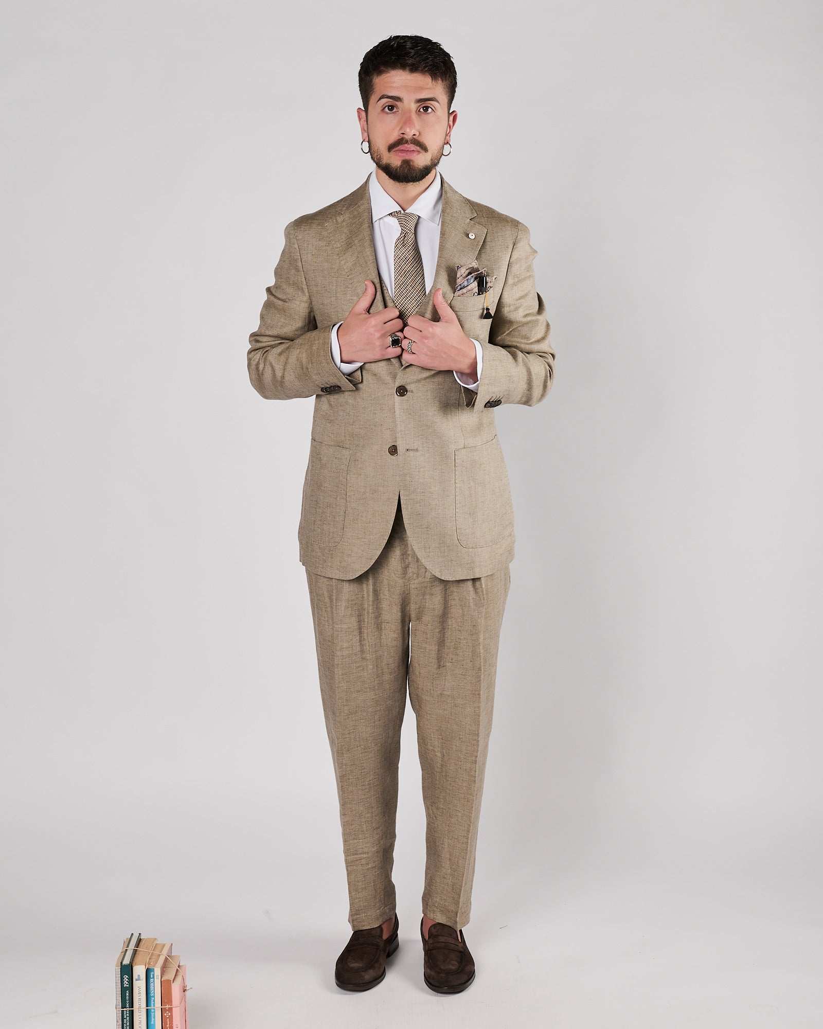 Pantalone Lbm1911 doppia pence in lino beige