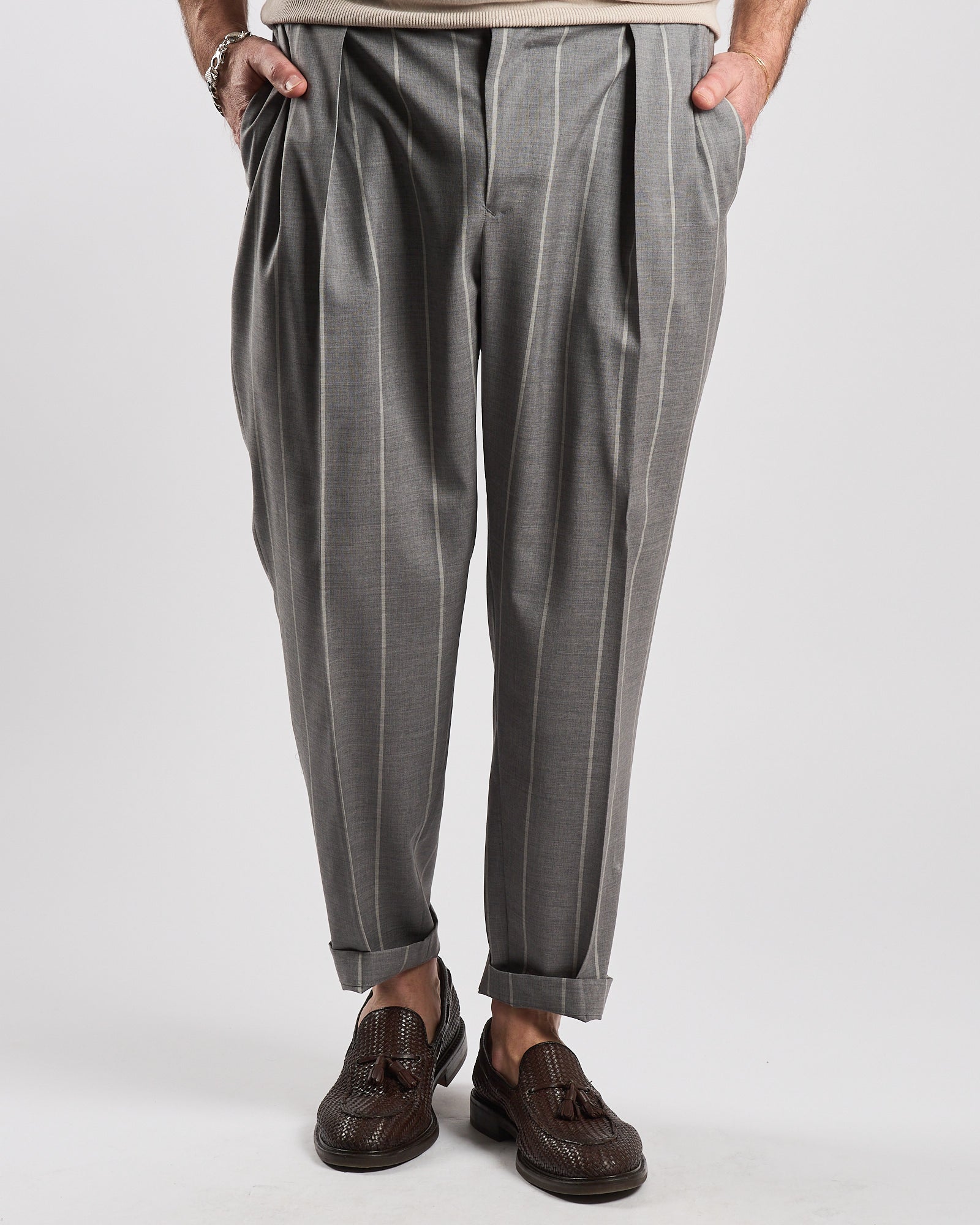 Pantalone Lbm1911 doppia pence gessato grigio