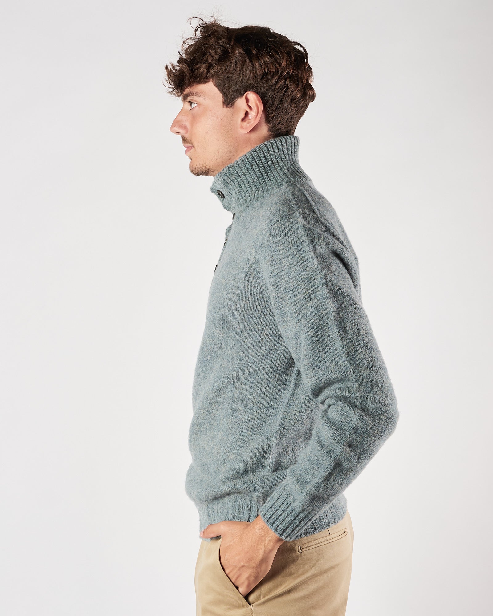 Maglia A|STORE in lana mezzo collo con bottoni celeste polvere