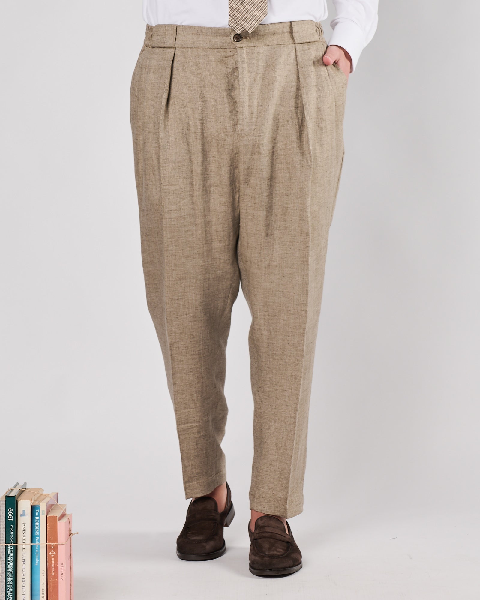 Pantalone Lbm1911 doppia pence in lino beige