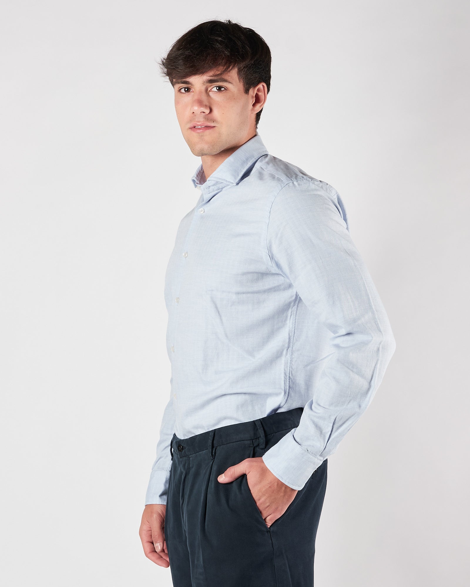 Camicia Xacus celeste in lana e cotone