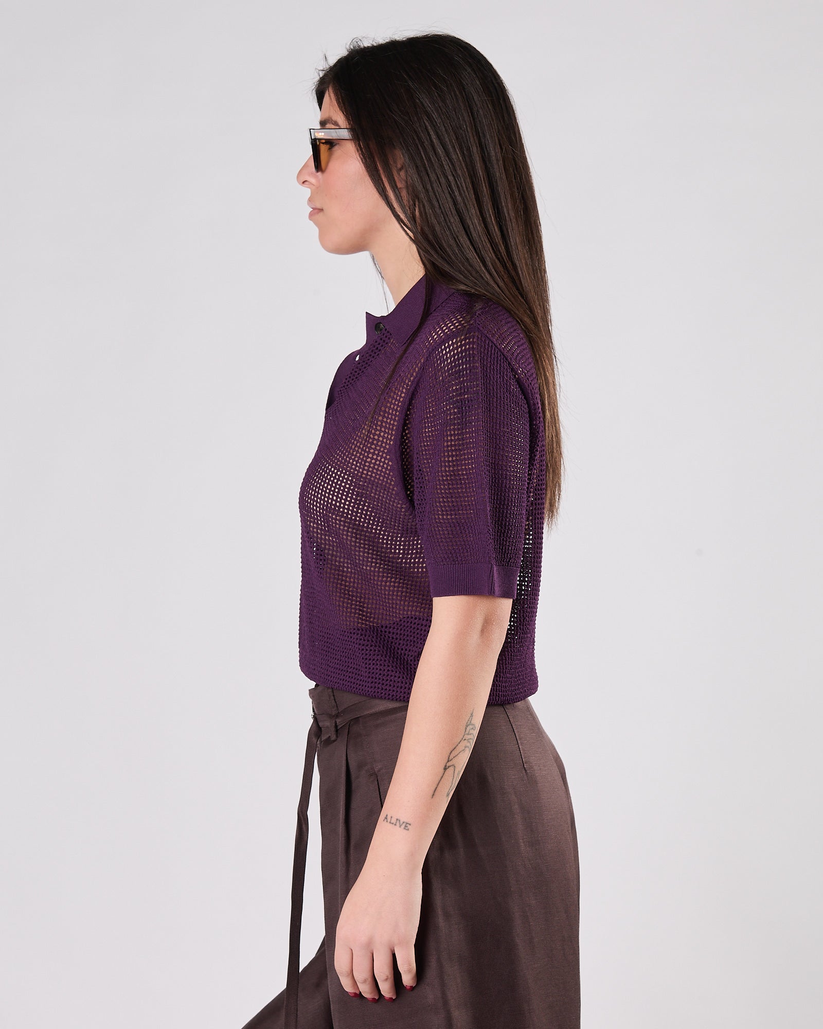 Polo Tela9 traforata manica corta viola