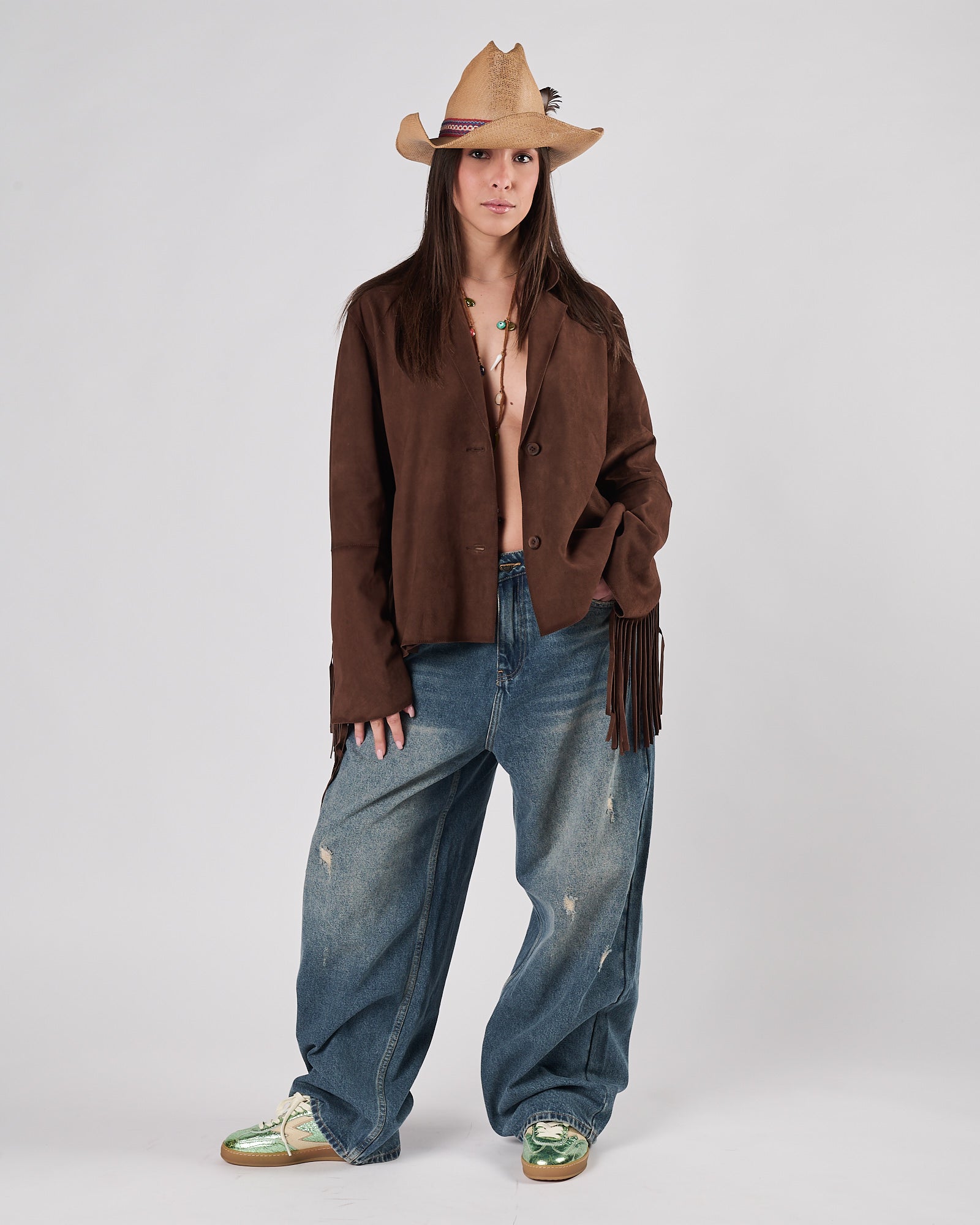 Giacchetto A|STORE in suede con frrange cognac