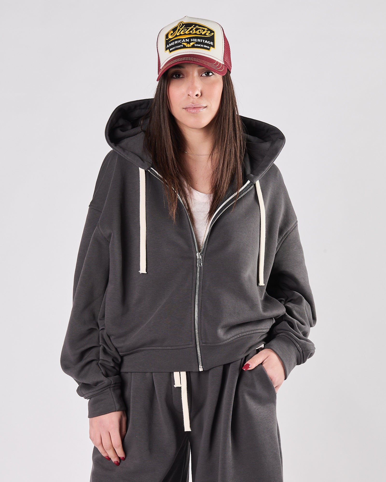 Felpa Tela9 con cappuccio grigia over