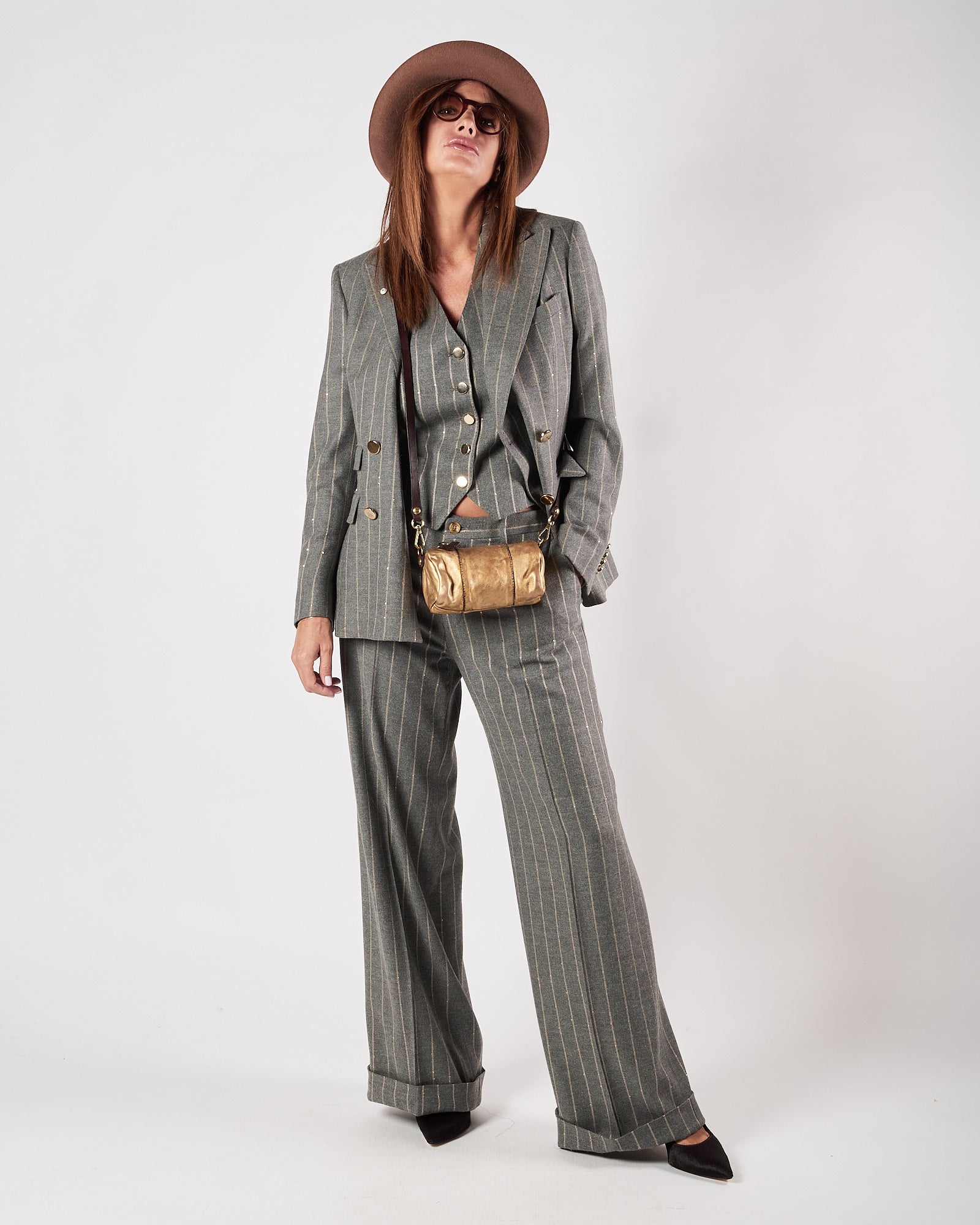 Pantalone Lbm19111 largo gessato grigio con paillettes