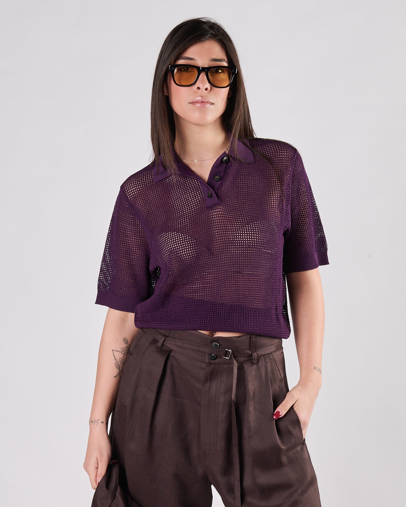 Polo Tela9 traforata manica corta viola