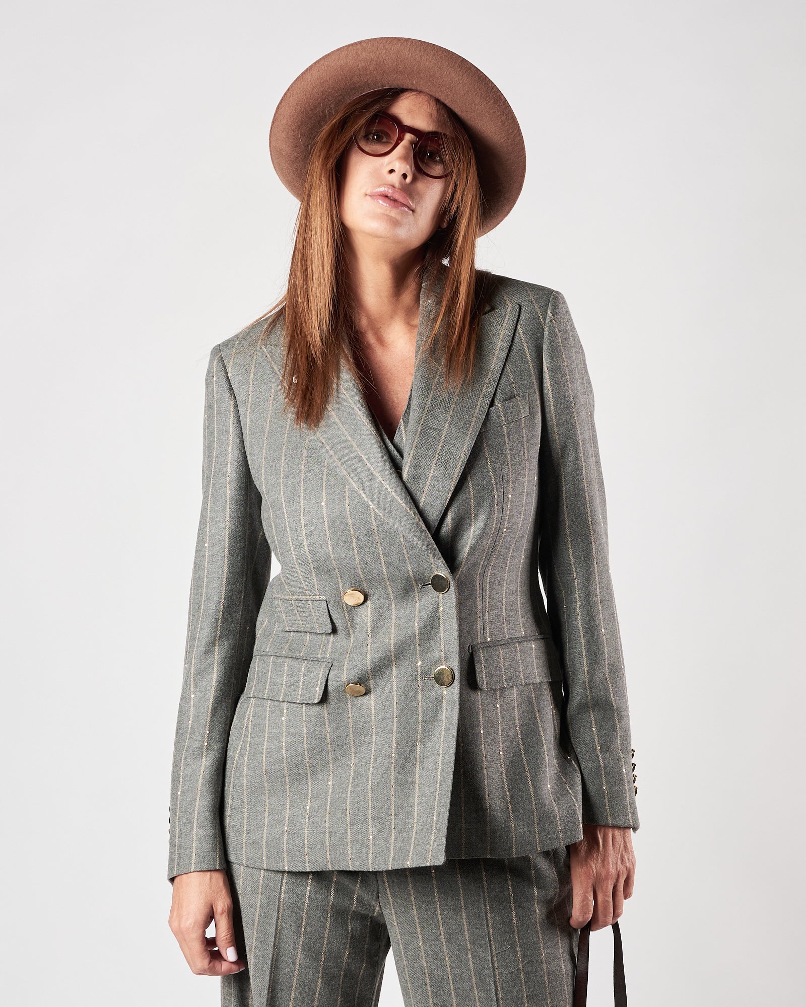 Giacca Lbm1911 doppio petto gessata con micro pailettes