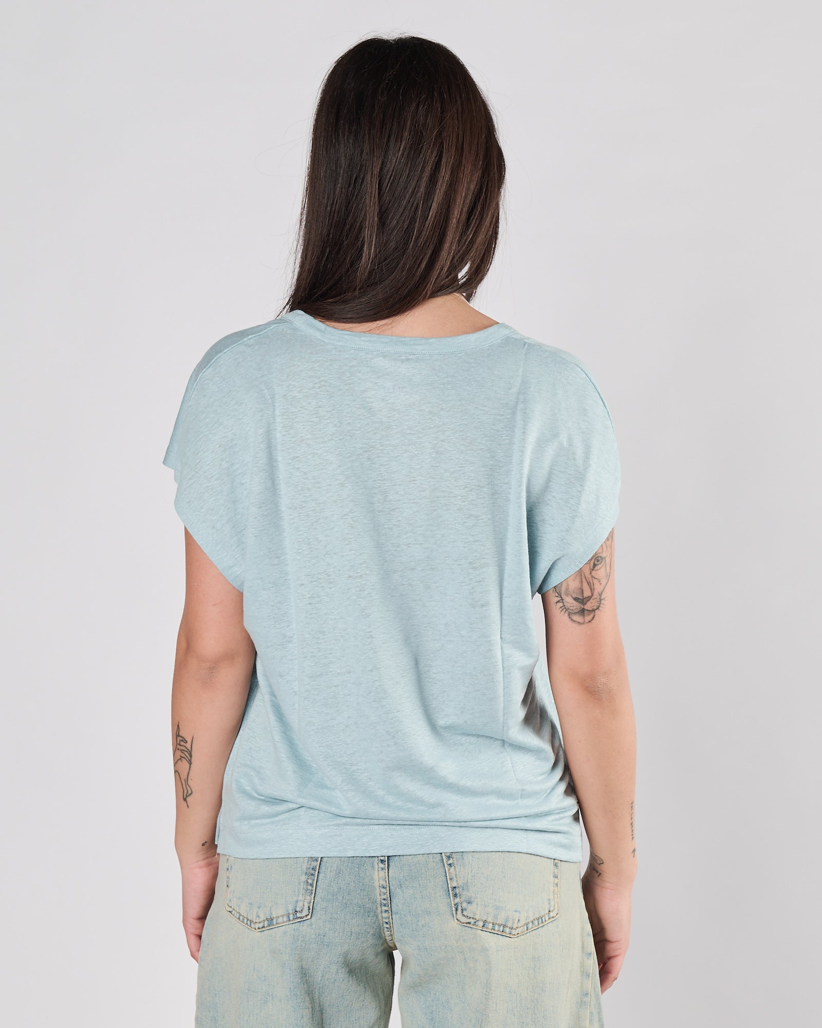 T-shirt Majestic scollo profondo celeste in lino