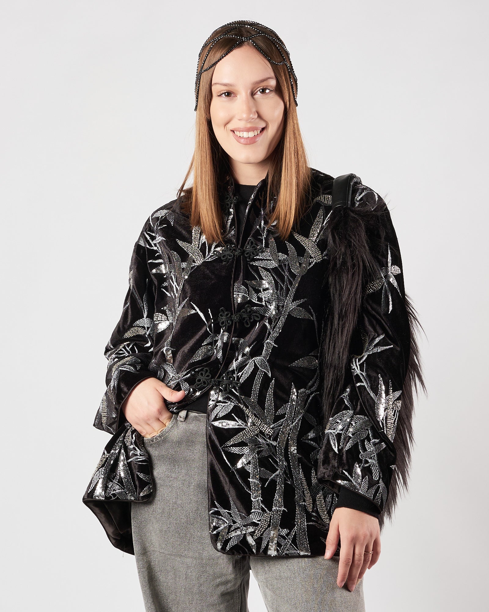 Camicia Weili Zheng velluto ricamato nera