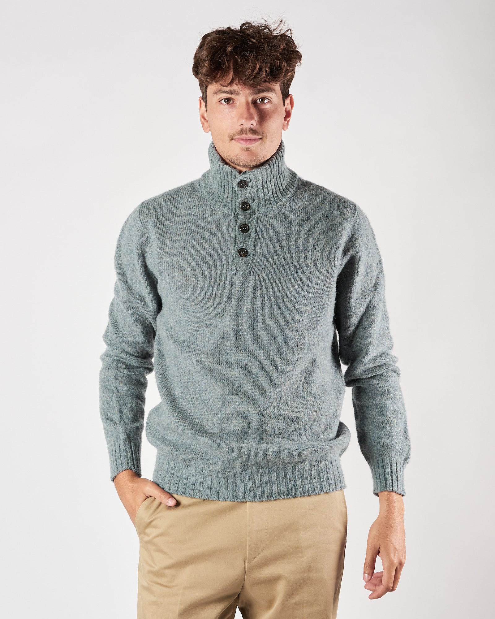 Maglia A|STORE in lana mezzo collo con bottoni celeste polvere