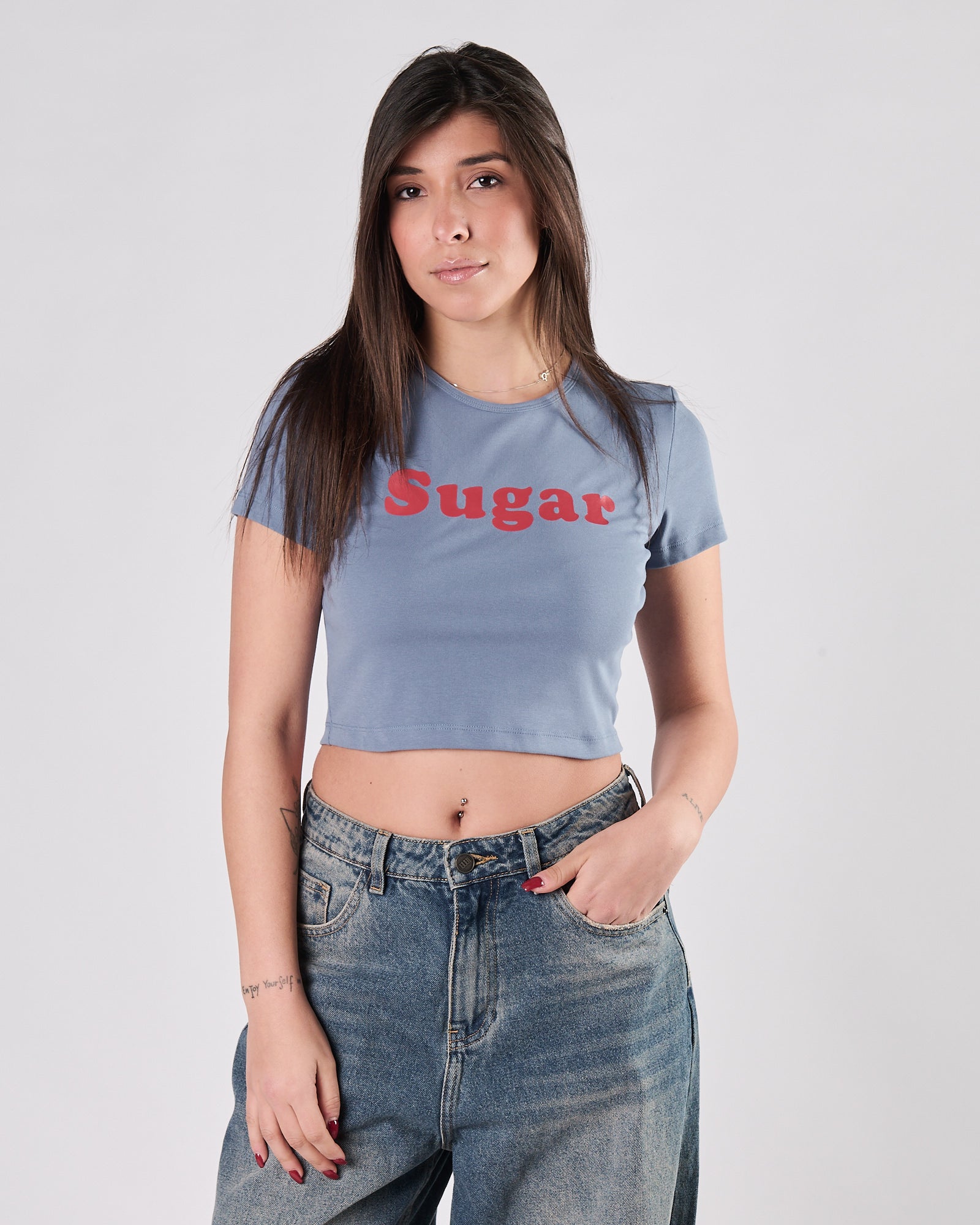 T-shirt Eleh corta celeste con scritta