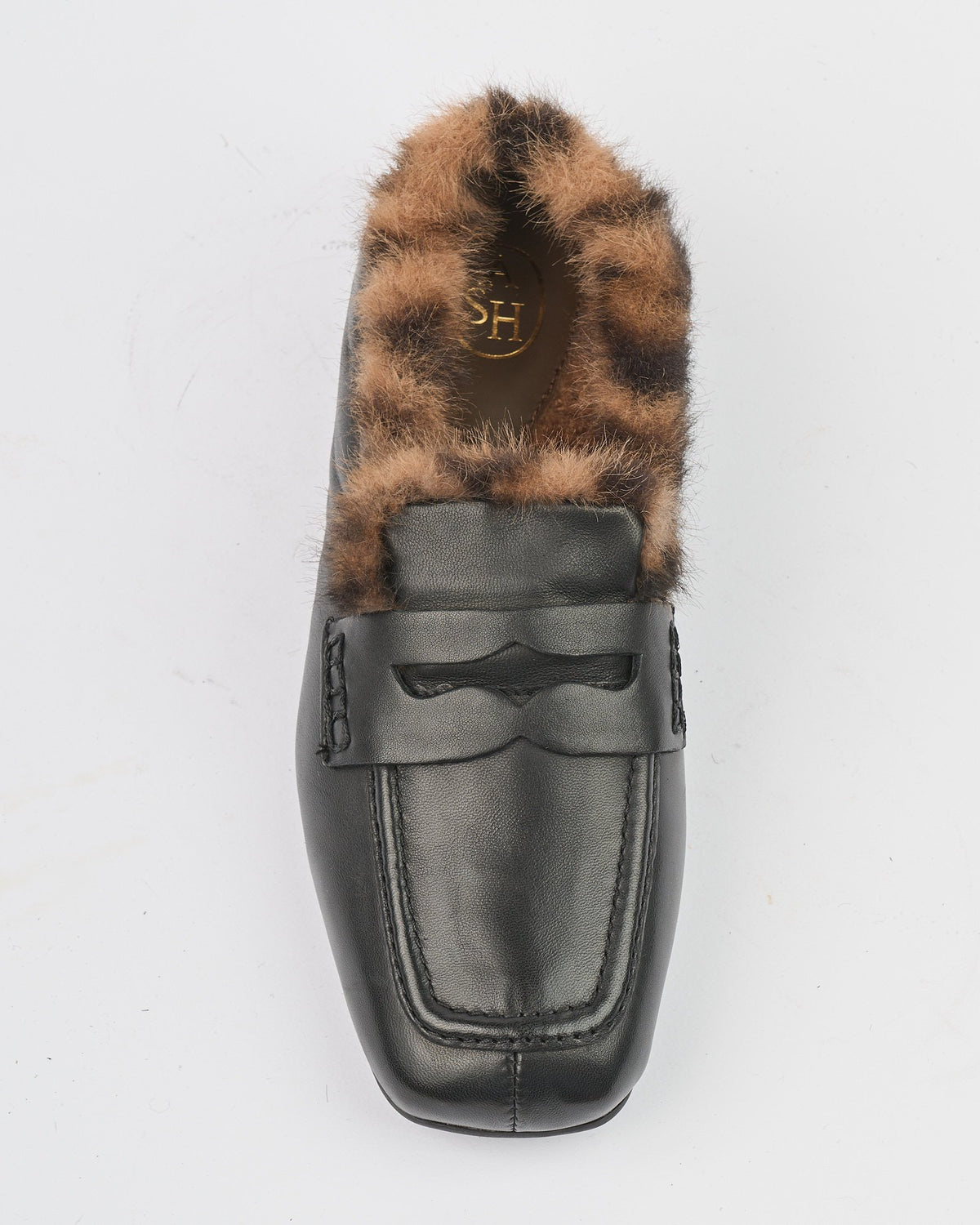 Mocassino Ash in pelle nera con pelliccia sintetica leopard