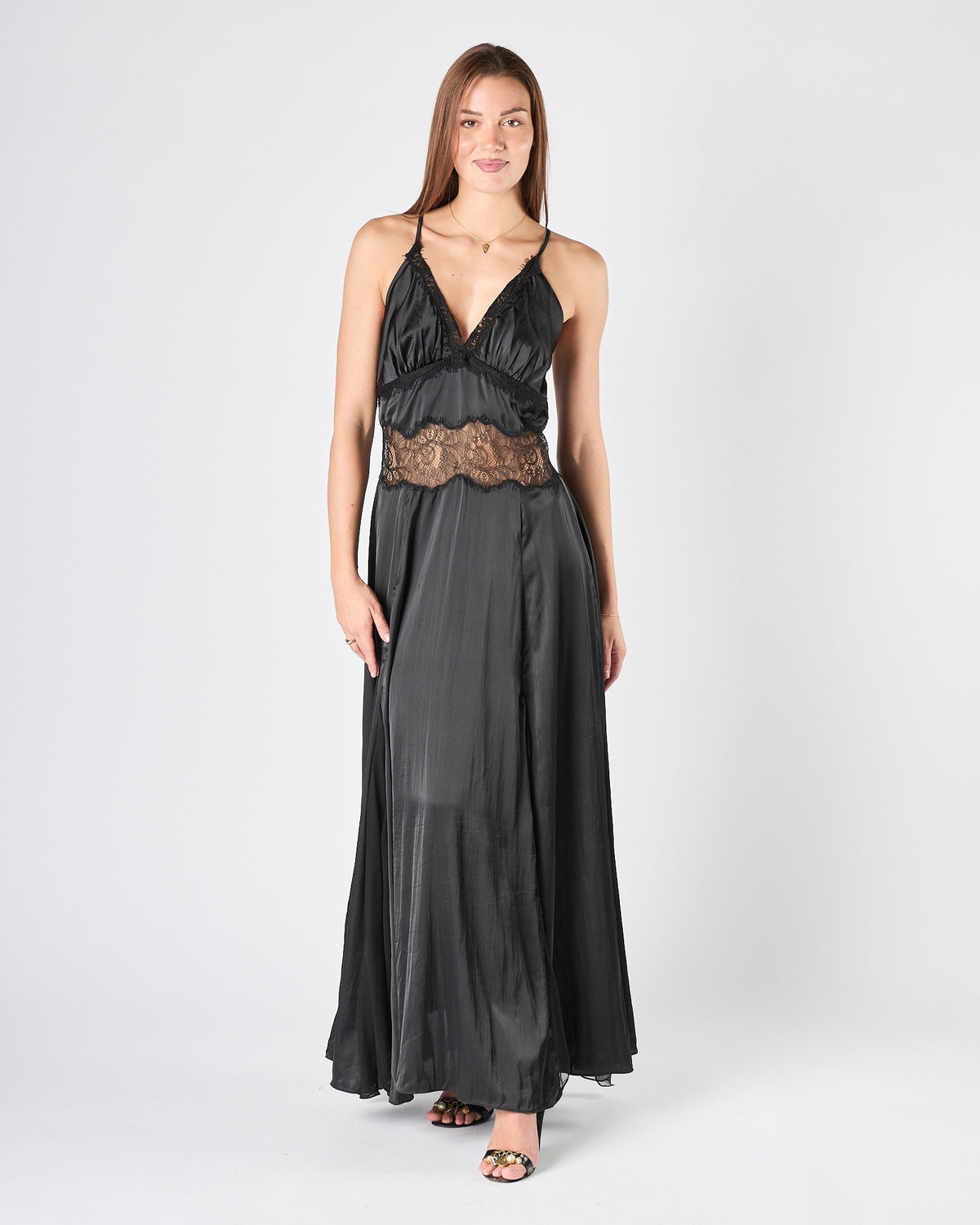 Abito Mes Demoiselles in satin lungo con pizzo nero