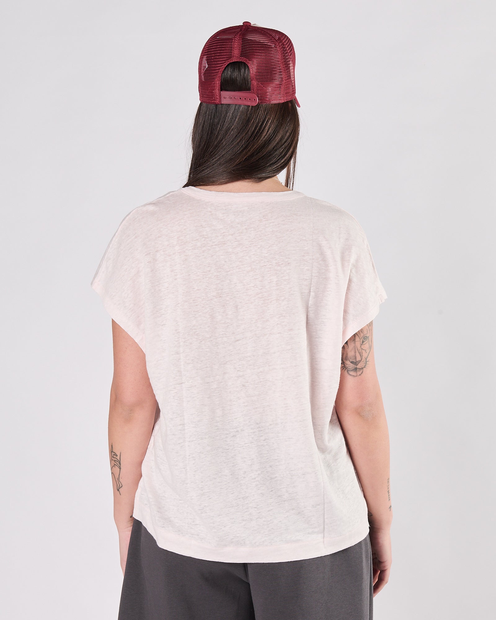 T-shirt Majestic scollo profondo rosa in lino