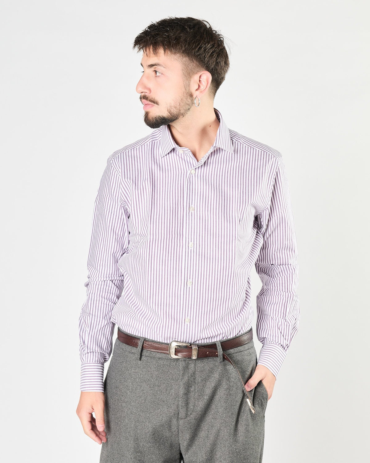 Camicia Xacus travel shirt a righe bianca e vinaccia