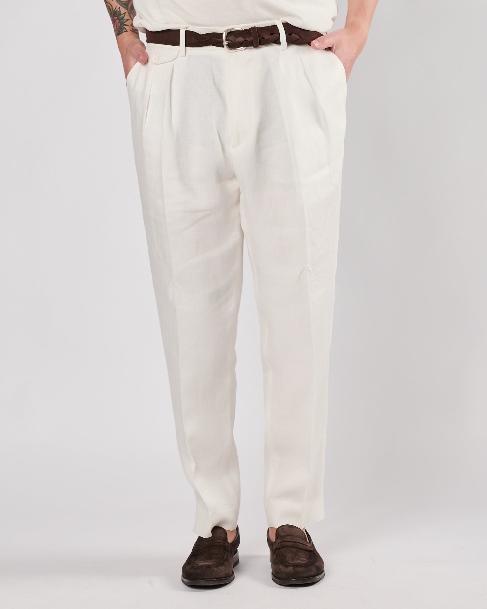 Pantalone A|STORE doppia pence bianco in lino