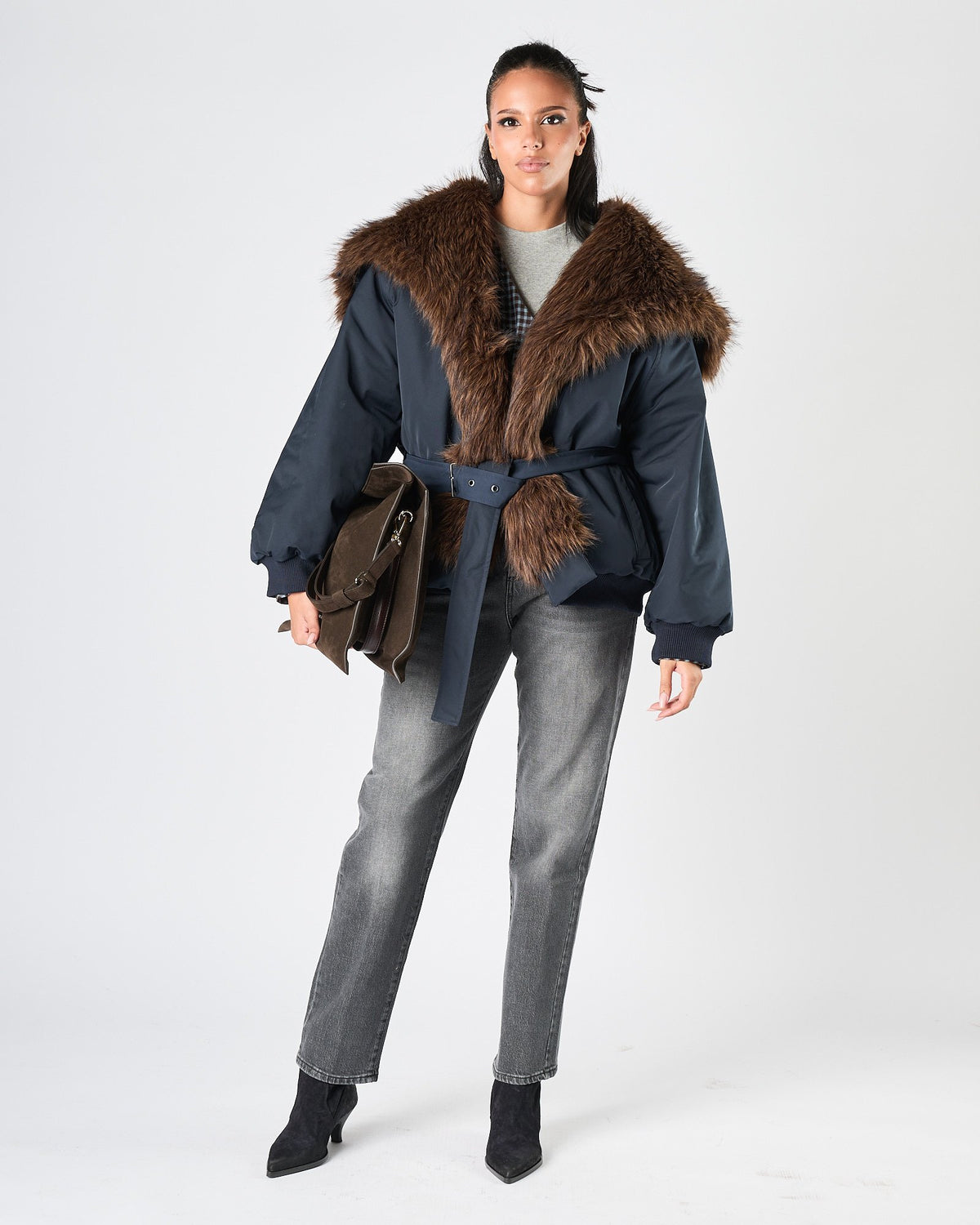 Giaccone Eleh blu ecopelliccia moro
