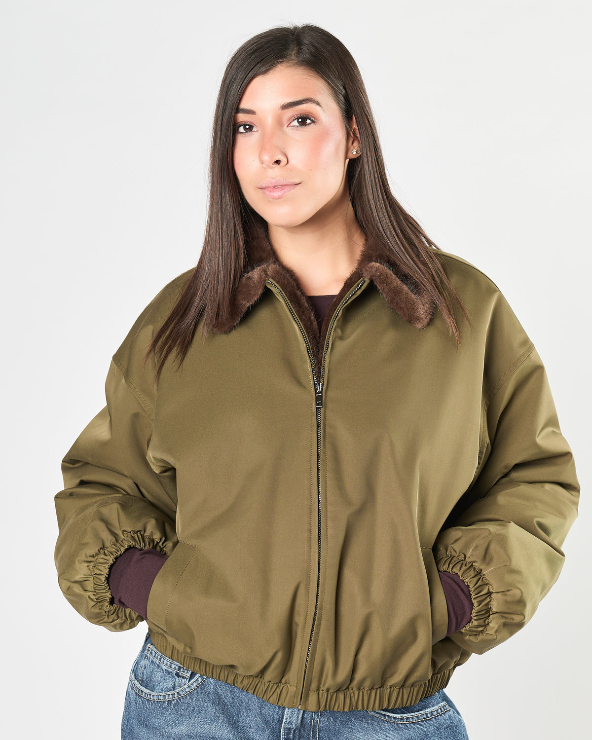 Bomber Eleh  militare con ecopelliccia cioccolato
