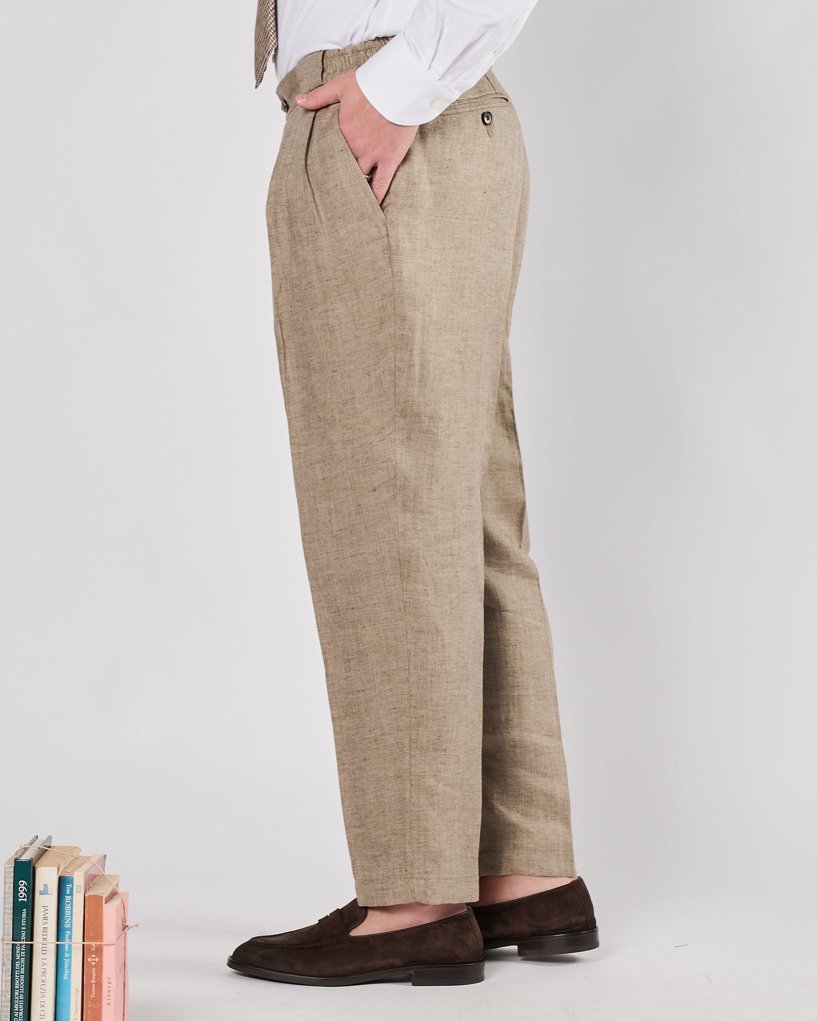 Pantalone Lbm1911 doppia pence in lino beige