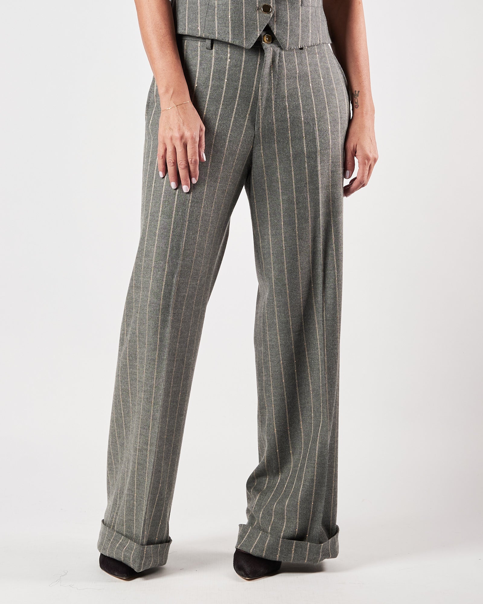 Pantalone Lbm19111 largo gessato grigio con paillettes