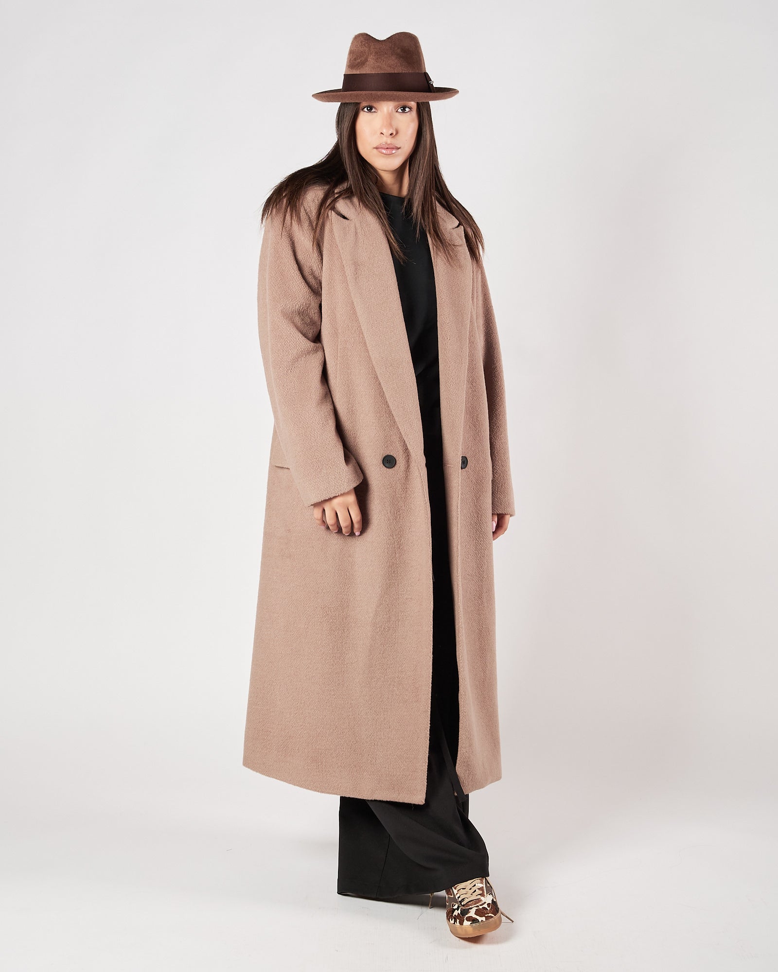 Cappotto Eleh lungo doppio petto fango