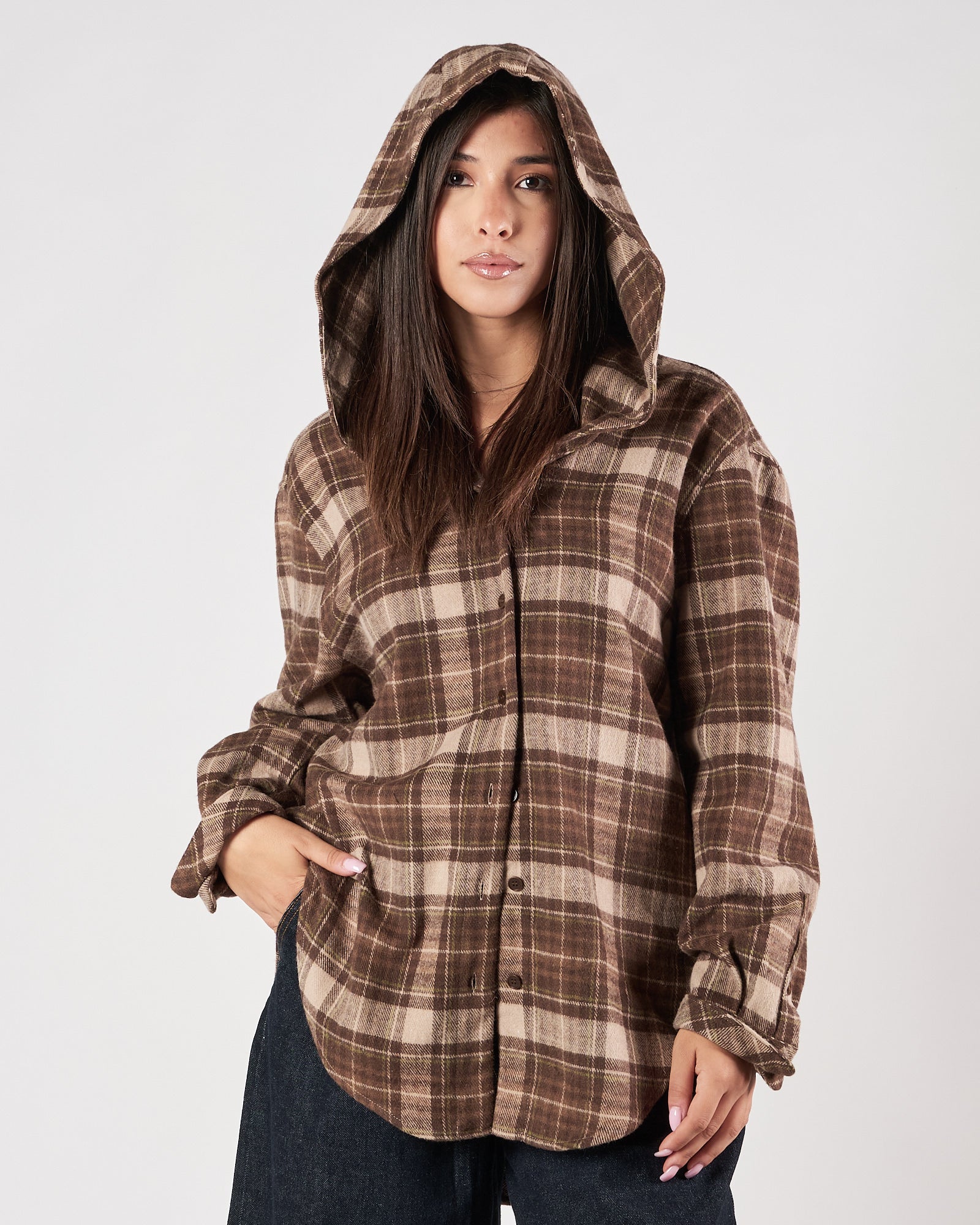 Camicia Eleh over fantasia quadri con cappuccio