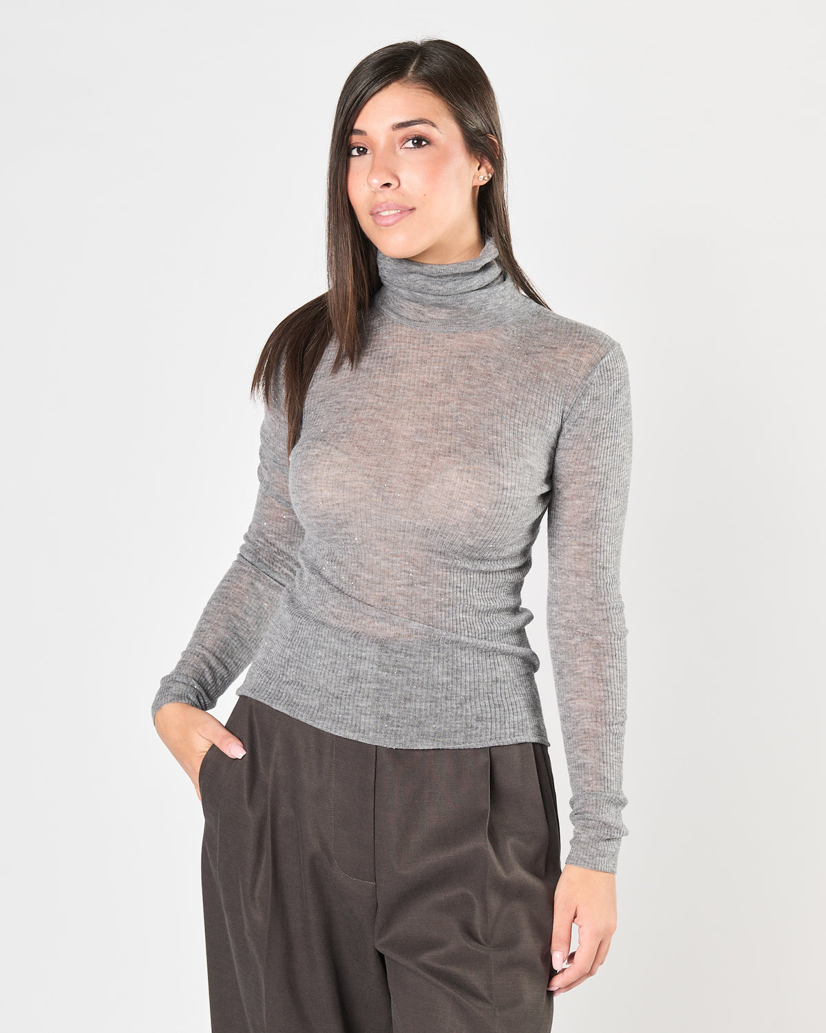 Maglia Eleh collo alto in lana grigia con paillettes
