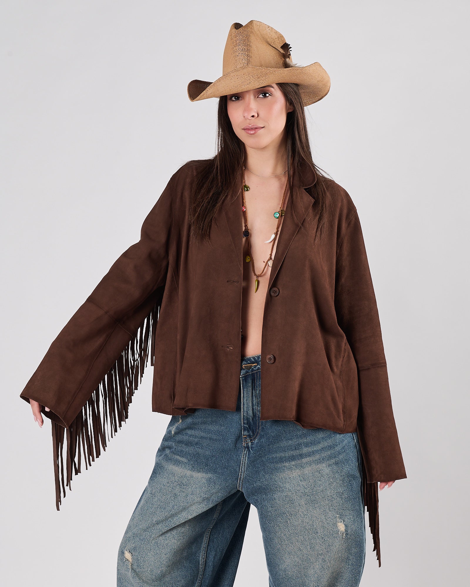 Giacchetto A|STORE in suede con frrange cognac