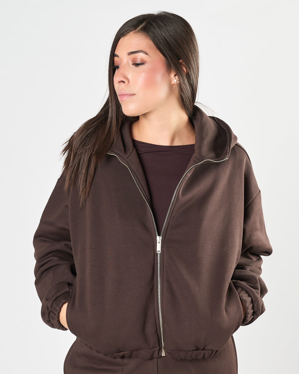 Felpa Woc con zip cioccolato con cappuccio