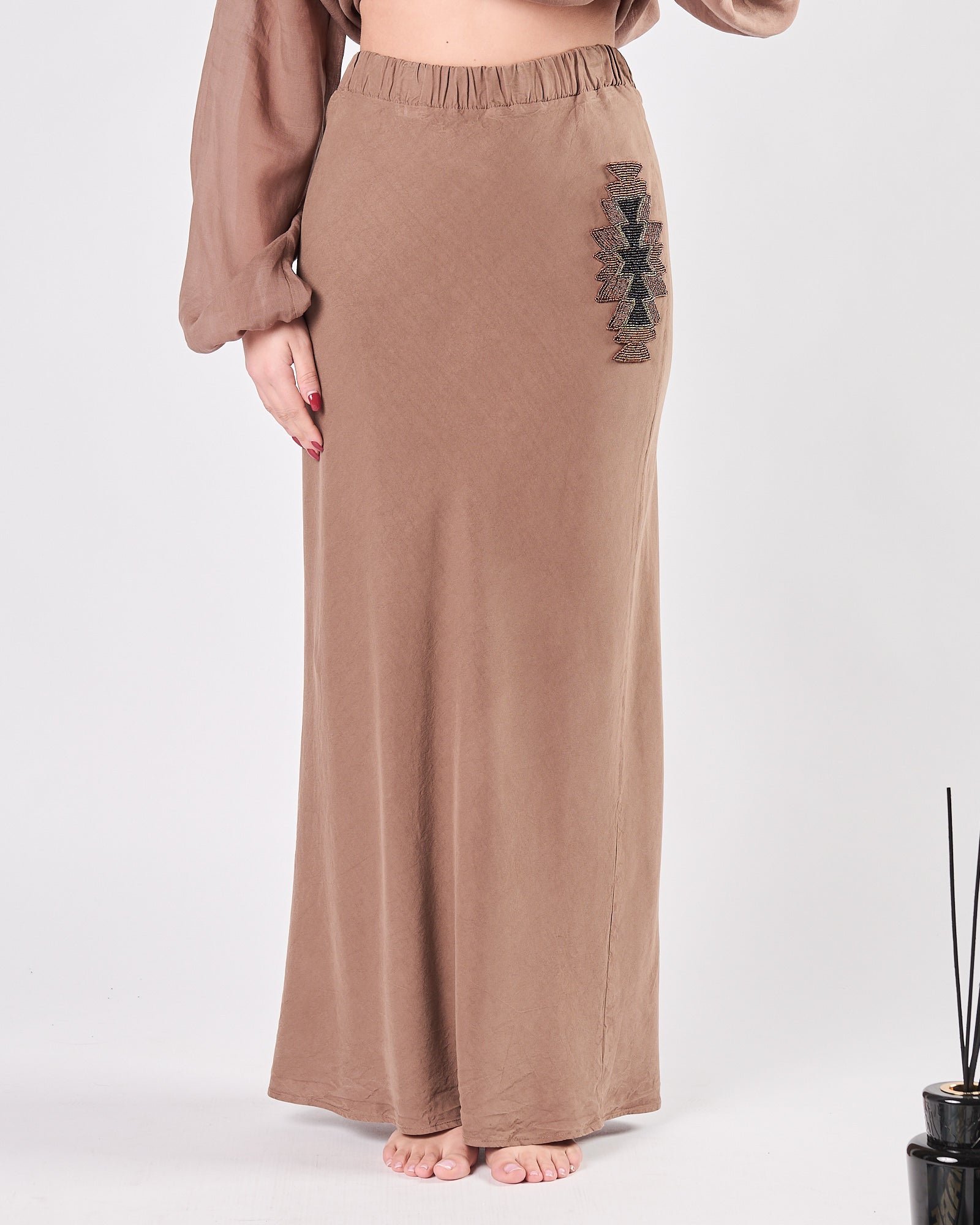 Gonna Bazar Deluxe lunga nocciola con ricamo