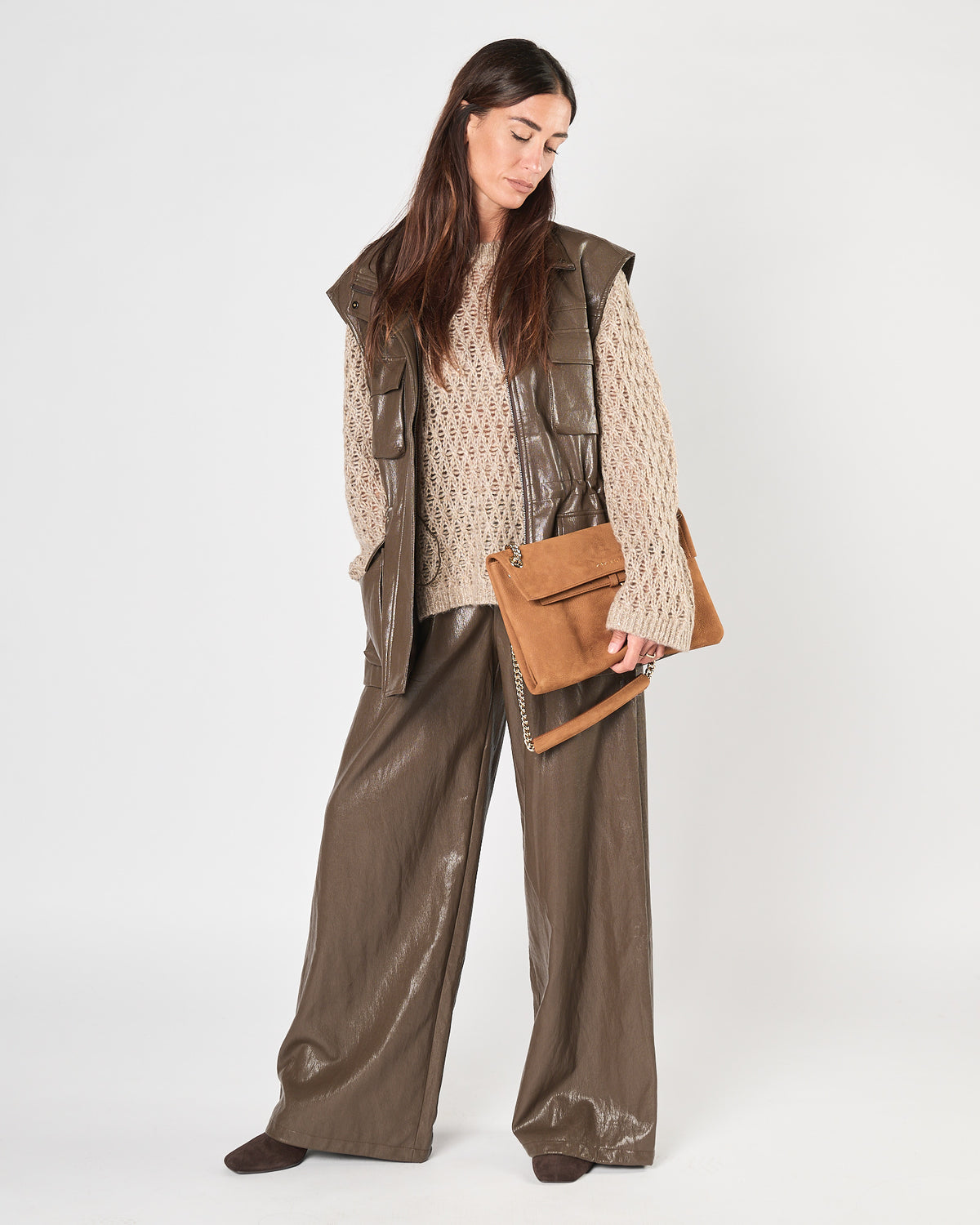 Pantalone Eleh in ecopelle fango