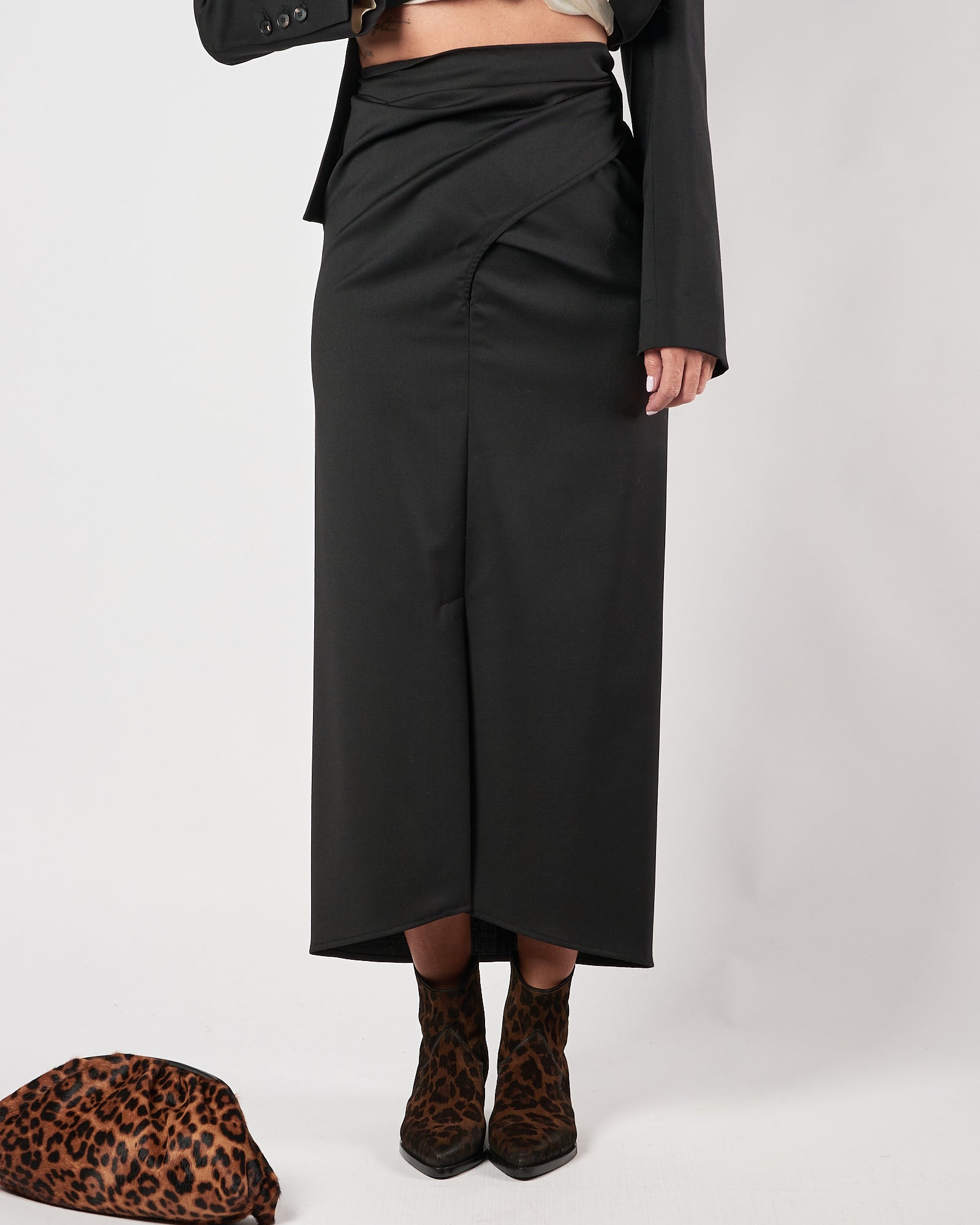 Gonna Tela9 lunga nera in lana tecnica