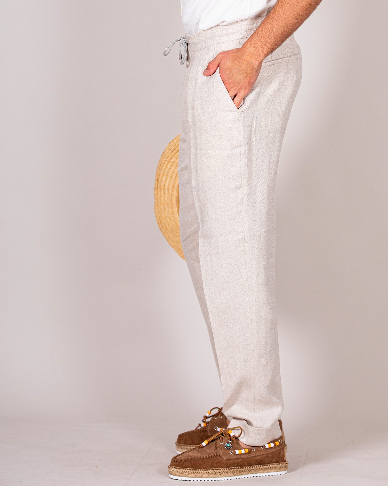 Pantalone con coulisse beige in lino