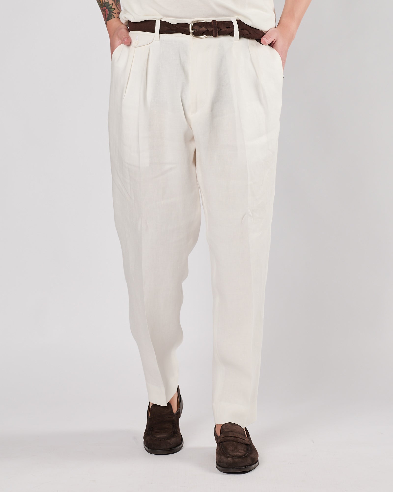 Pantalone A|STORE doppia pence bianco in lino