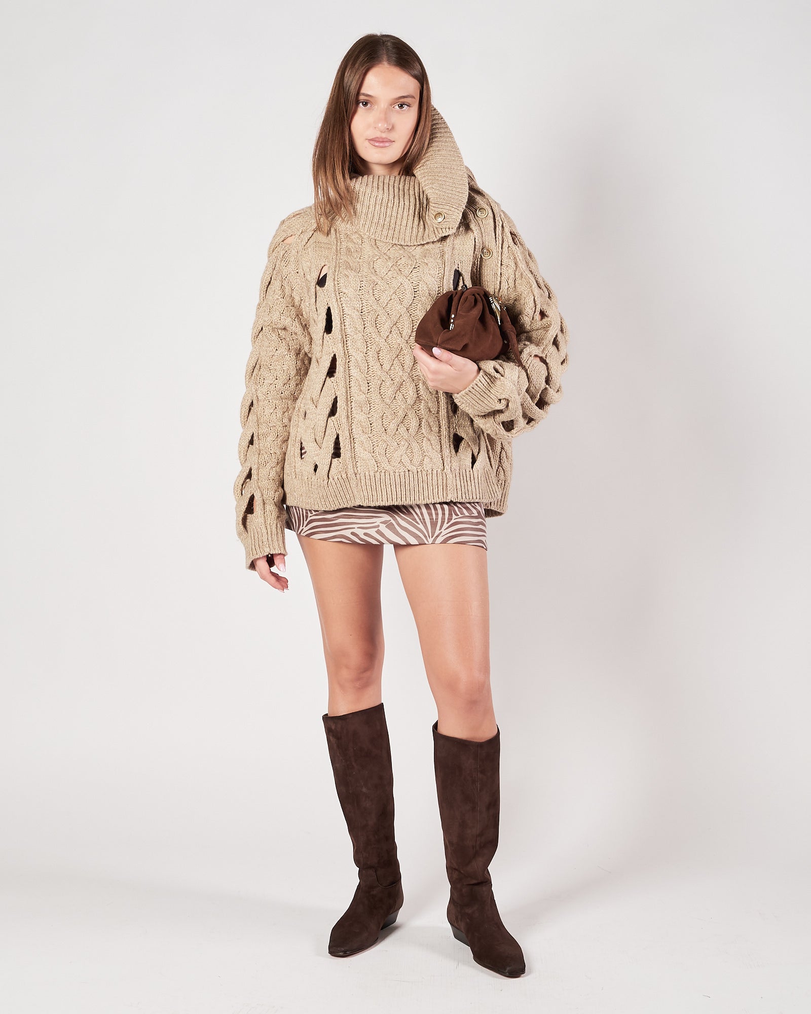 Maglia Mes Demoiselles over biege con trecce traforata