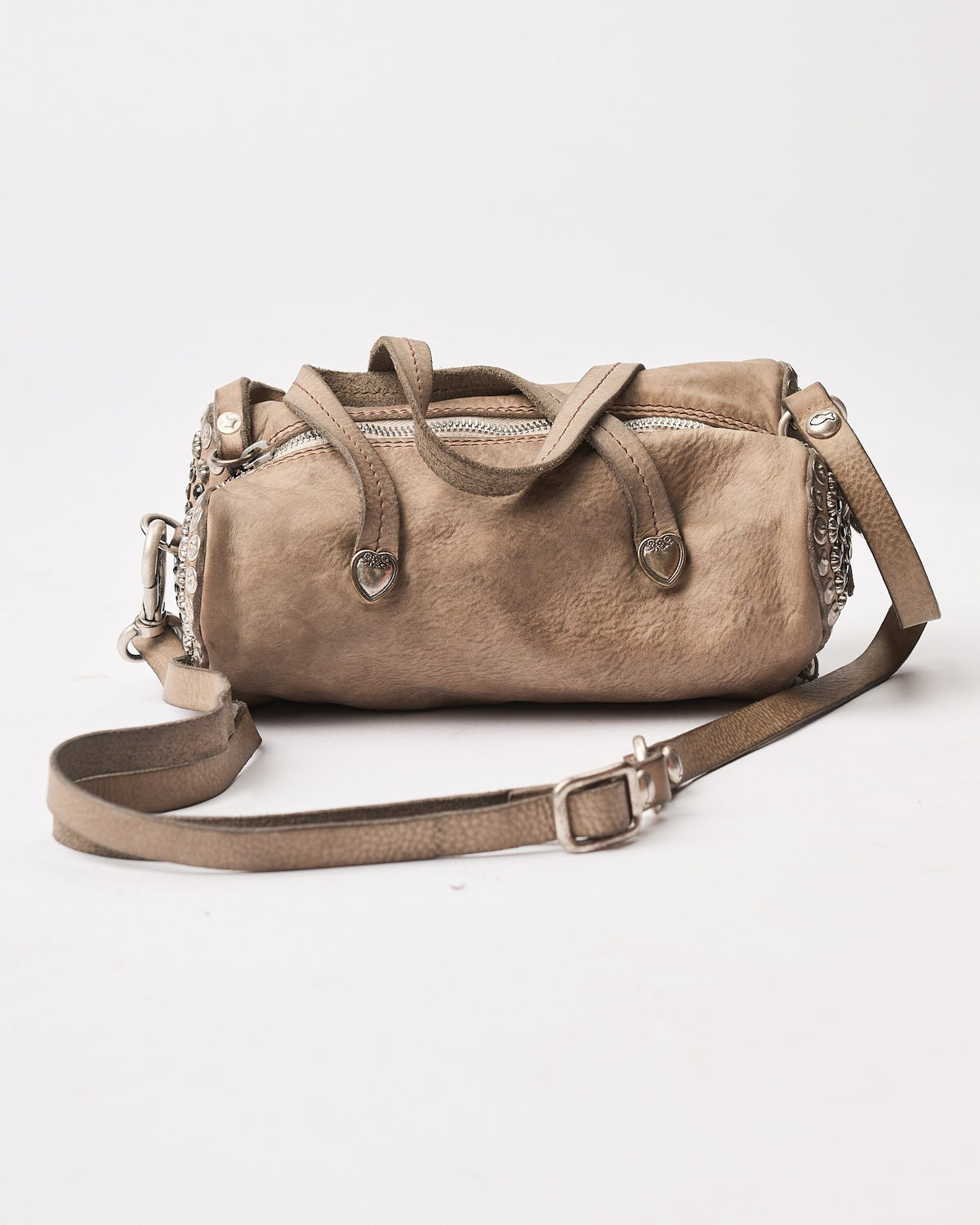 Borsa Campomaggi Dolly in pelle grigia cuore borchie e strass