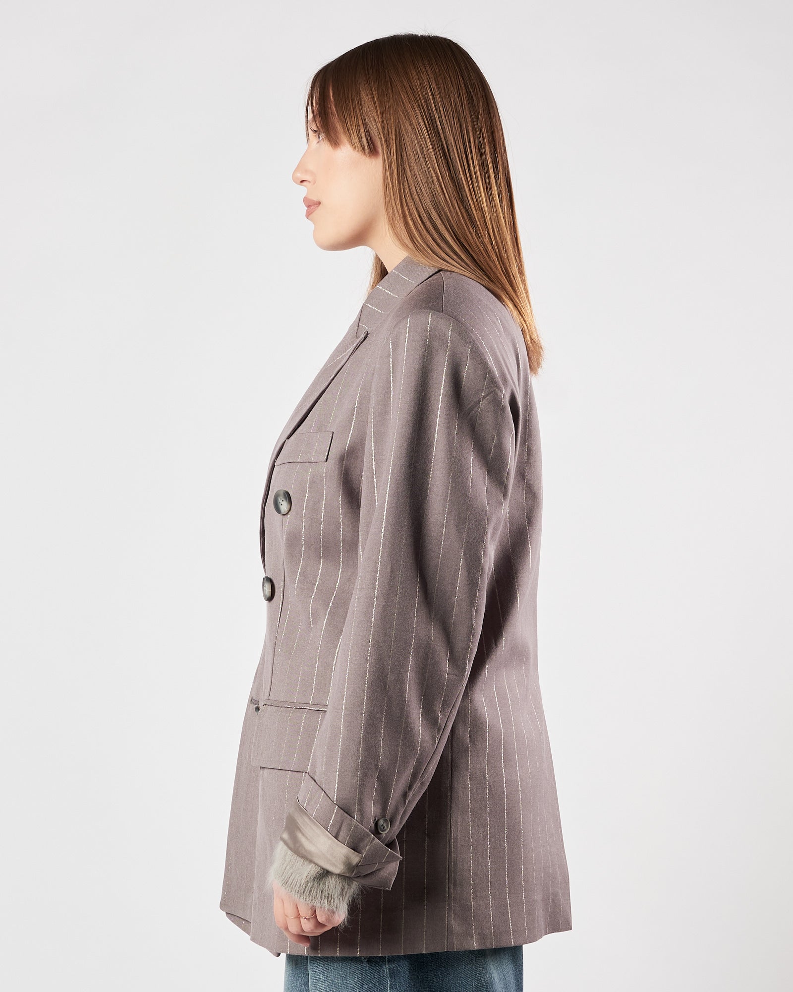 Giacca Weili Zheng over gessata grigia con lurex