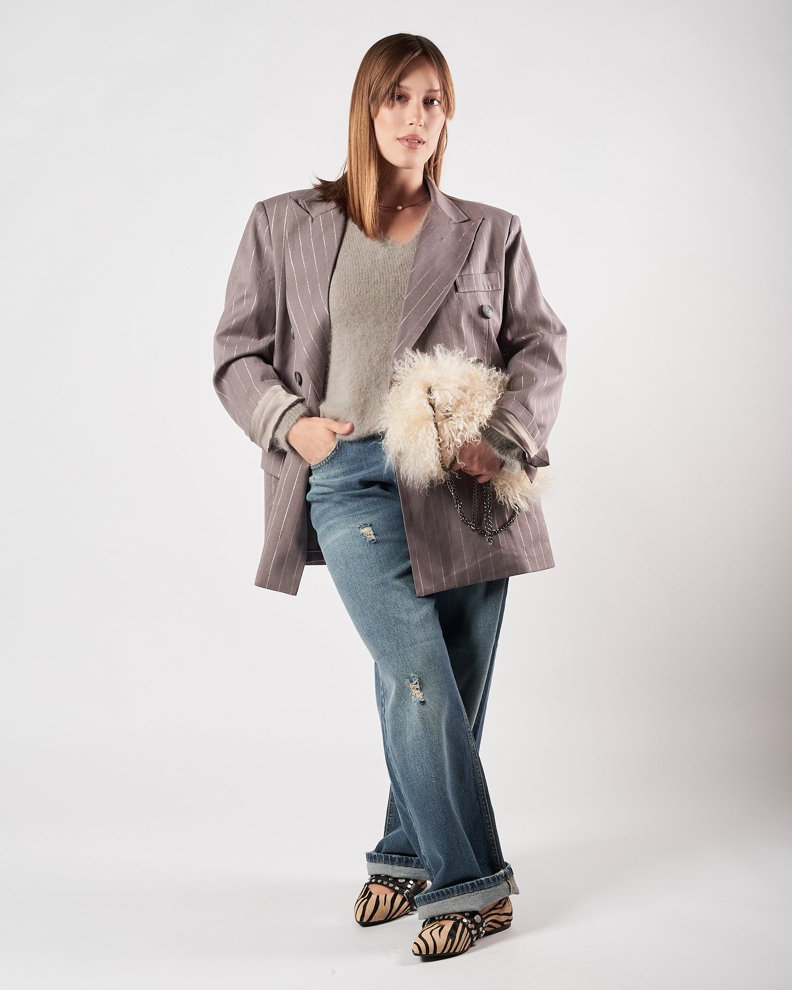 Giacca Weili Zheng over gessata grigia con lurex