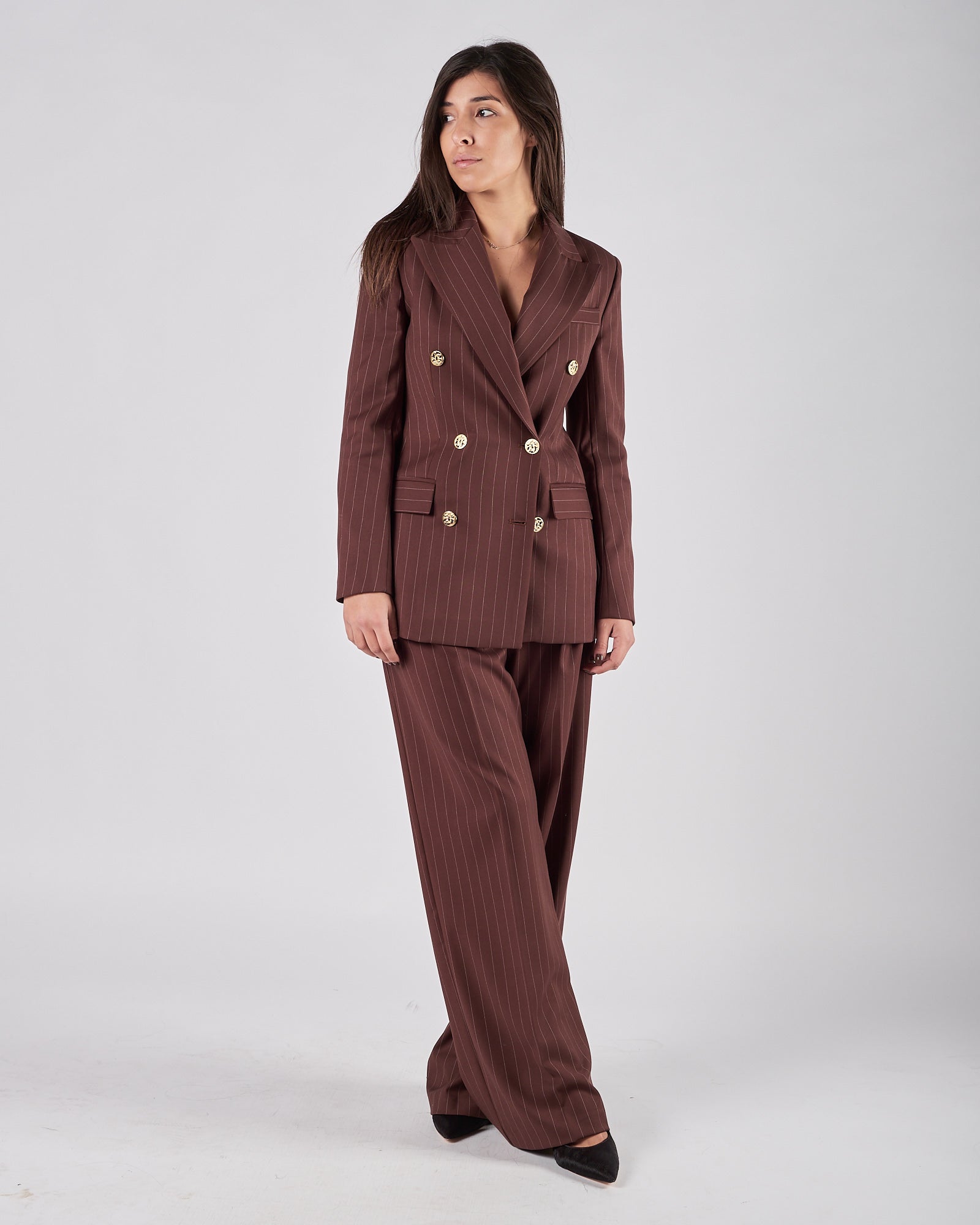 Pantalone Silence largo gessatro cioccolato