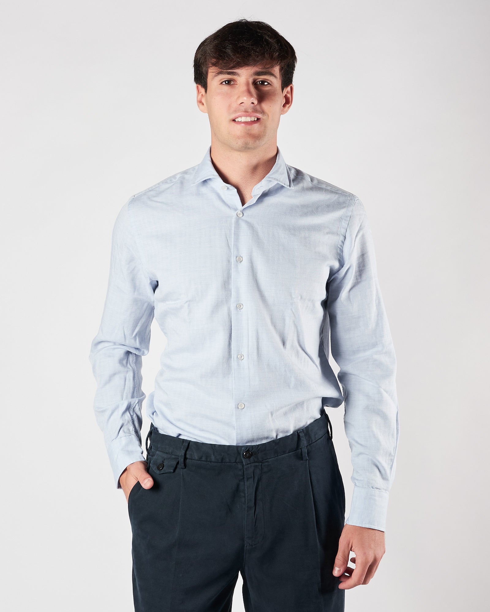 Camicia Xacus celeste in lana e cotone