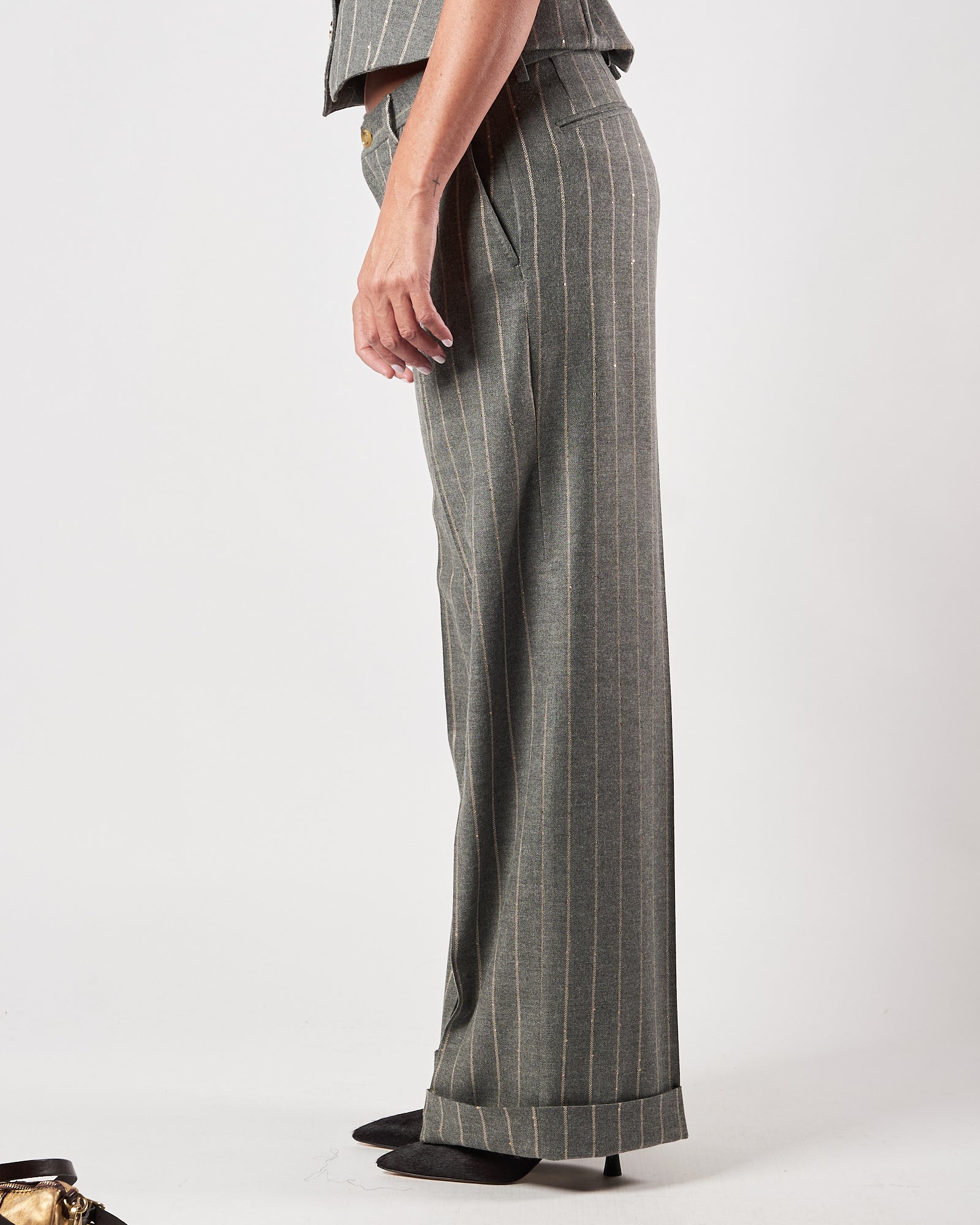 Pantalone Lbm19111 largo gessato grigio con paillettes