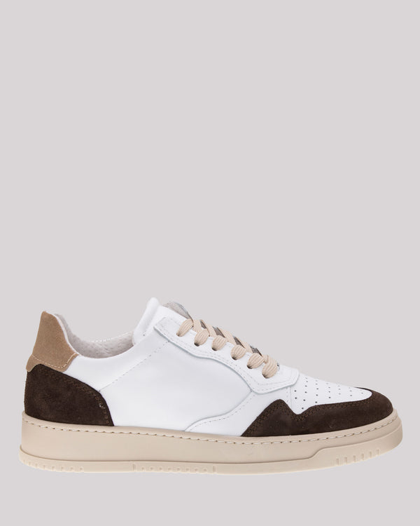 Sneaker A|STORE bianca con inserti camoscio testa di moro beige