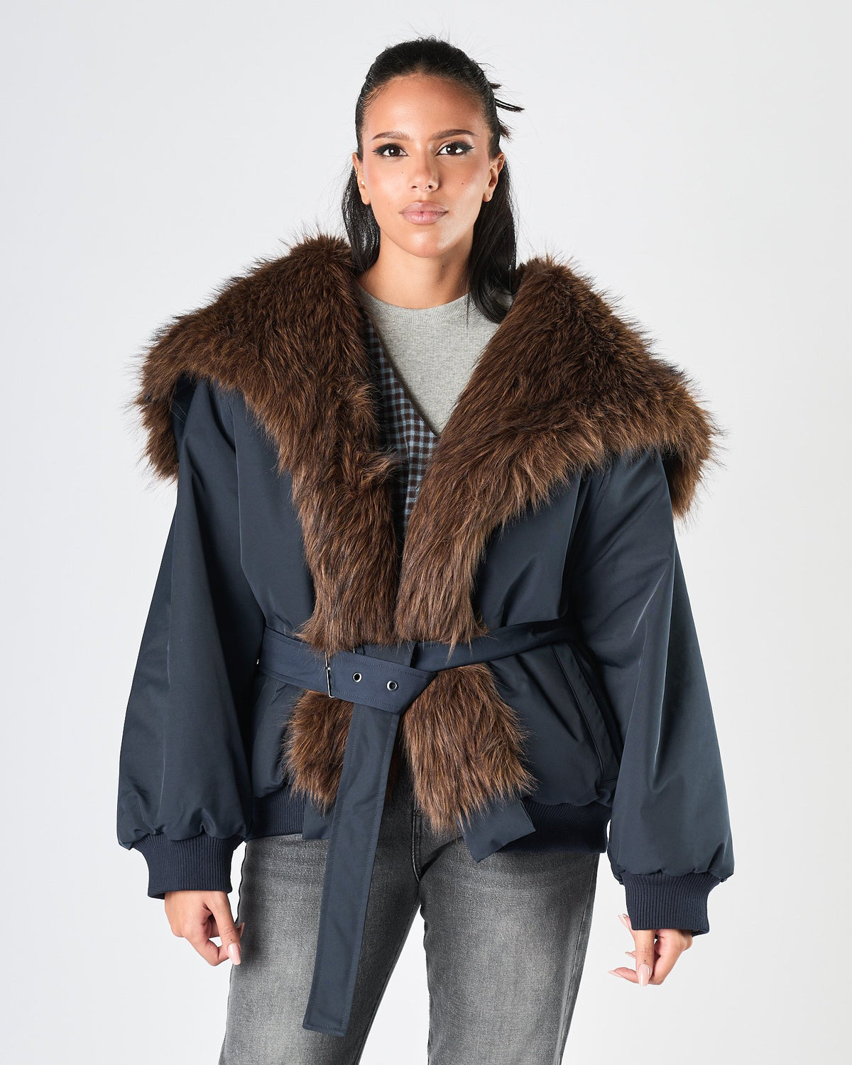 Giaccone Eleh blu ecopelliccia moro
