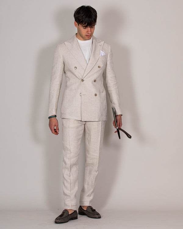 Beige double-breasted linen suit