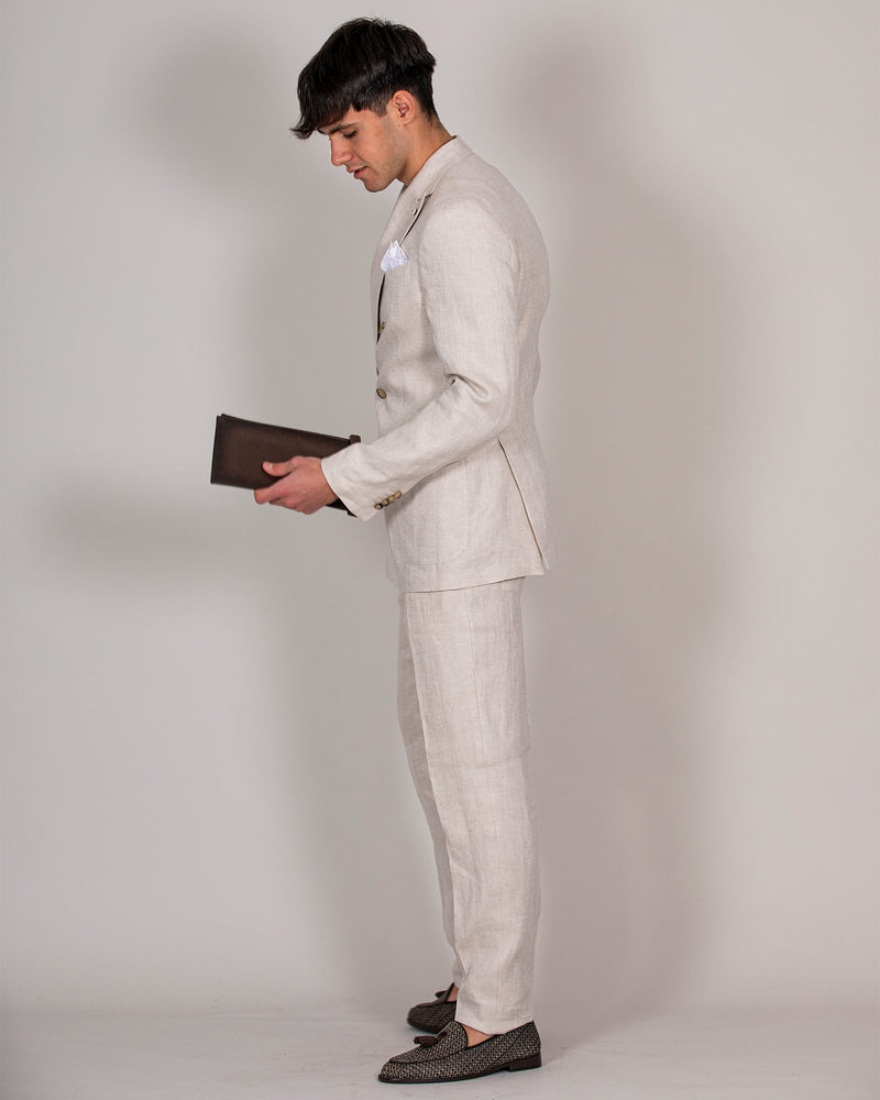 Beige double-breasted linen suit