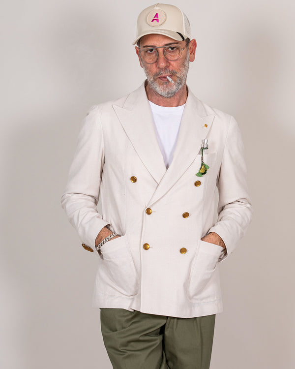 Cream double-breasted men's jacket with metal buttons
