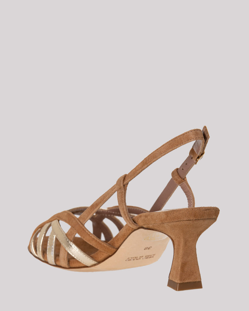 Camel and gold open sandal